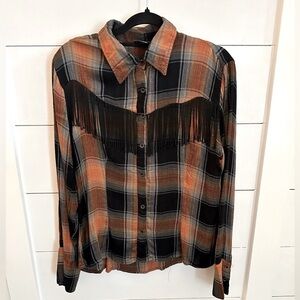 ANGIE L Fringe brown plaid woman rayon button blouse western cowgirl bohemian
